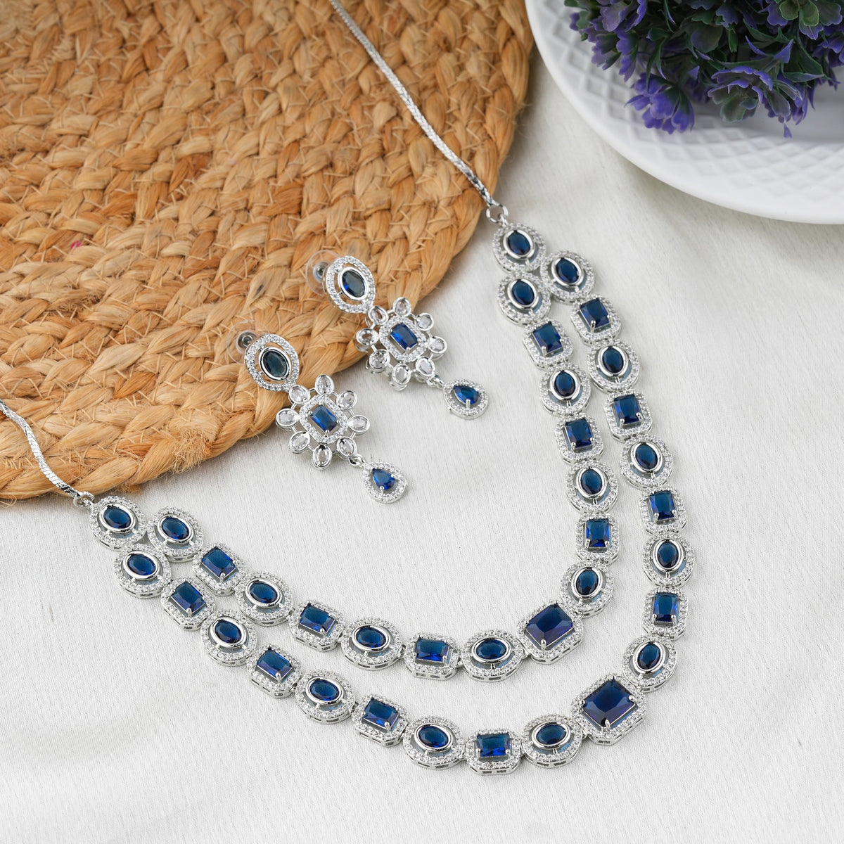 Elegant Blue Kundan Crystal Necklace Set with Matching Earrings