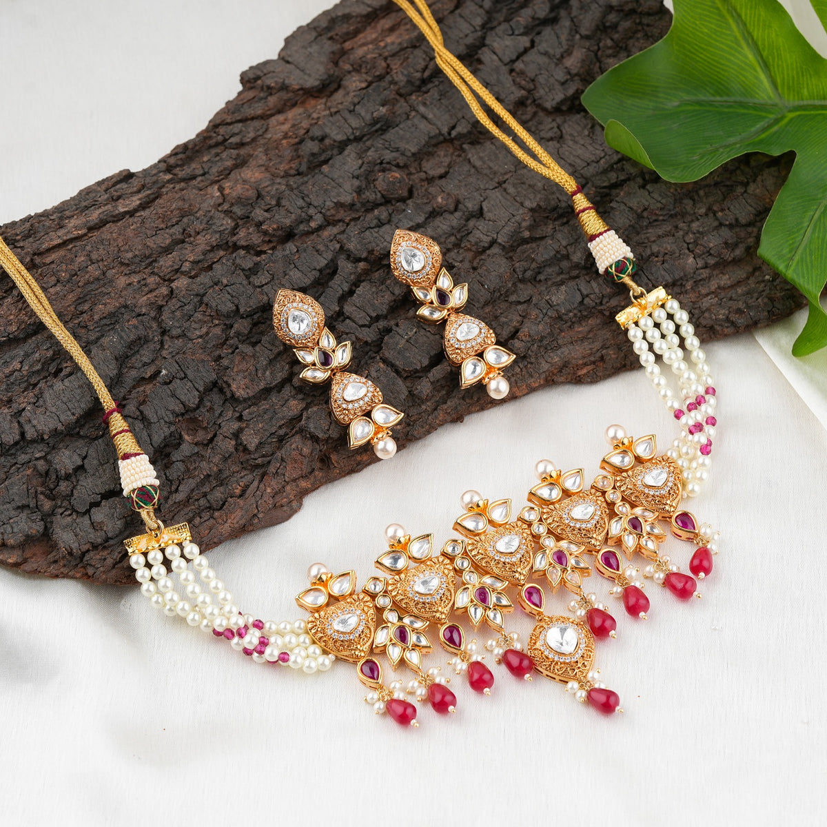 Pink Bead Pearl Kundan Necklace Set