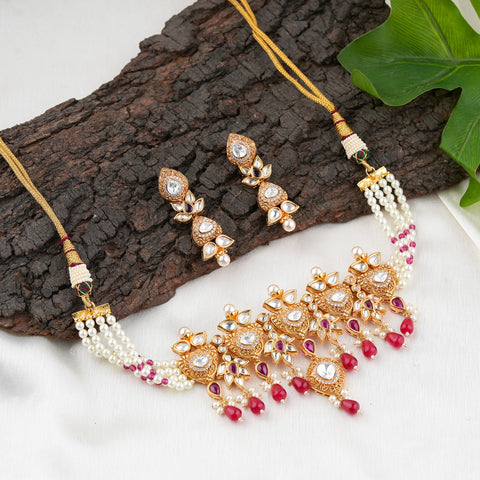 Pink Bead Pearl Kundan Necklace Set
