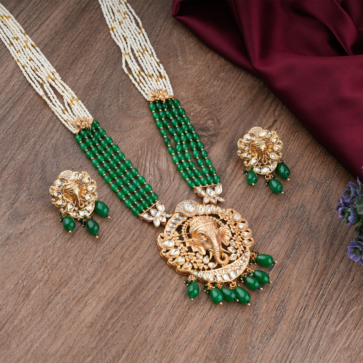 Royal Green Pearl Ganesha Pendant Necklace Set with Matching Earrings