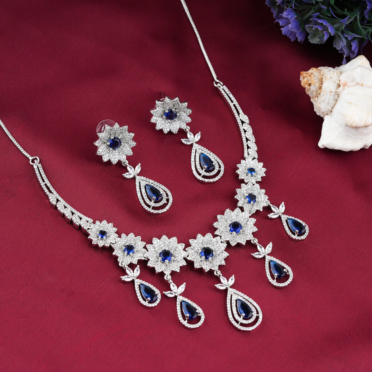Royal Blue Floral Kundan Necklace Set with Matching Earrings