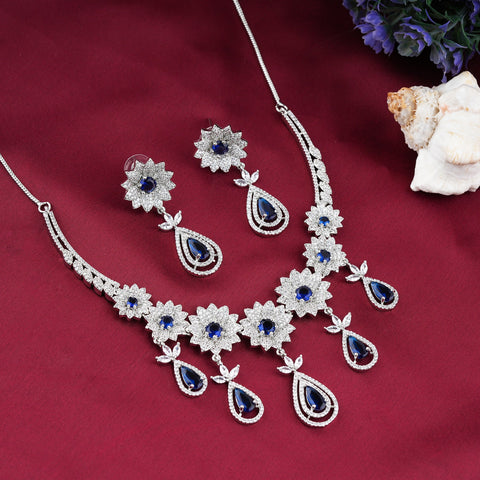 Royal Blue Floral Kundan Necklace Set with Matching Earrings
