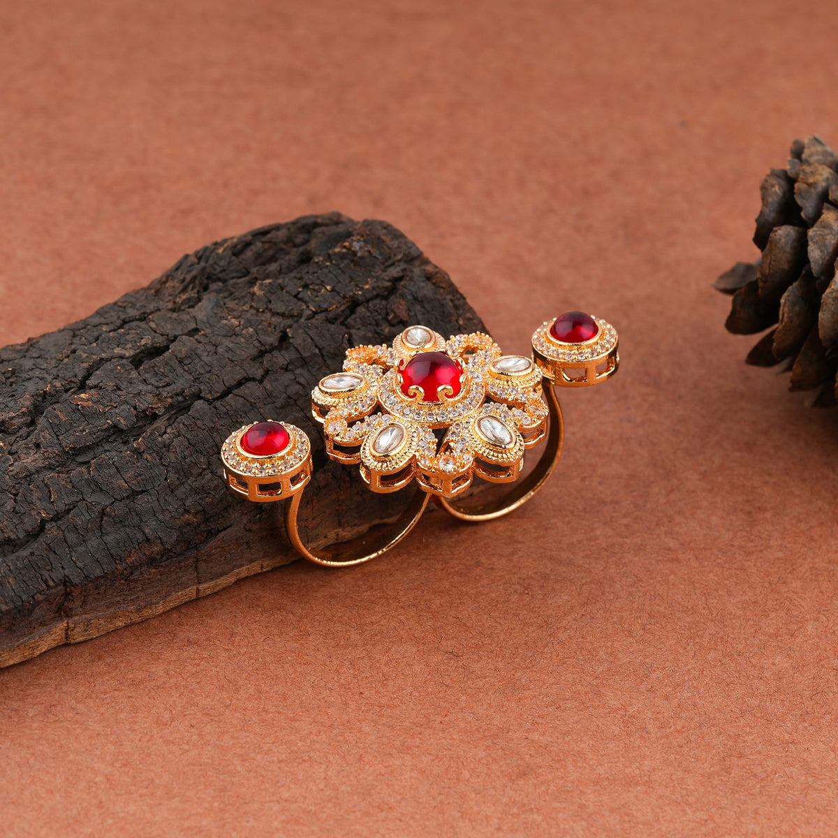 Traditional Floral Red Gold Statement Ring