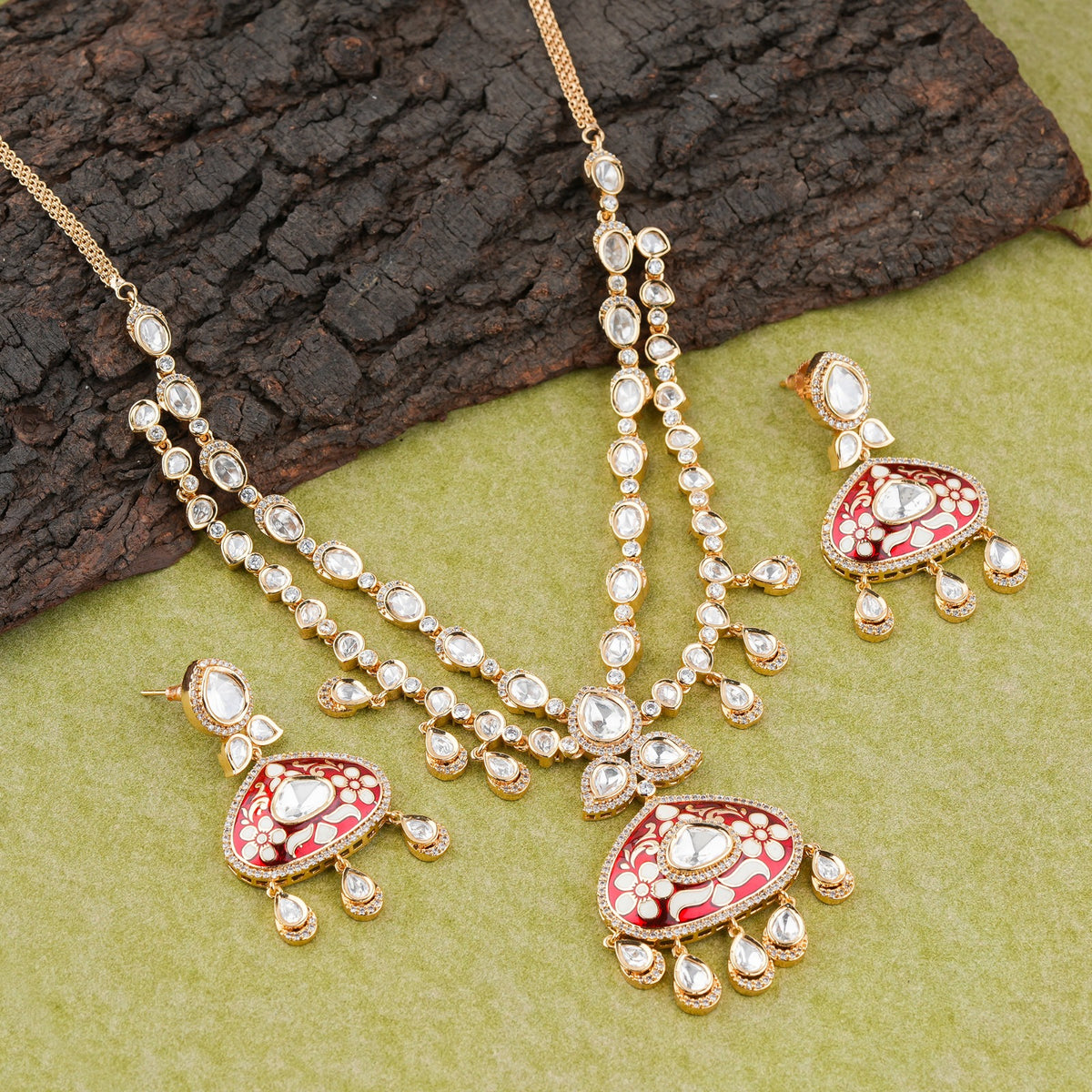 Zaveri Pearls Gold-Tone Kundan Studded & Red Enamel Drop Necklace with Matching Earrings Set