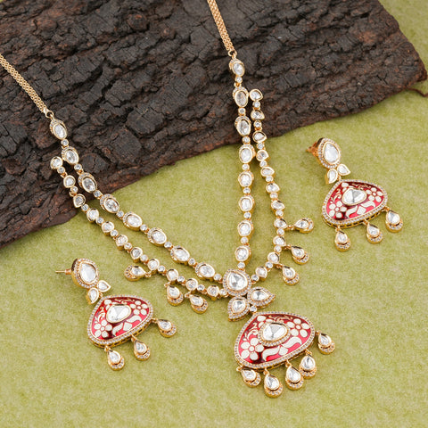 Zaveri Pearls Gold-Tone Kundan Studded & Red Enamel Drop Necklace with Matching Earrings Set
