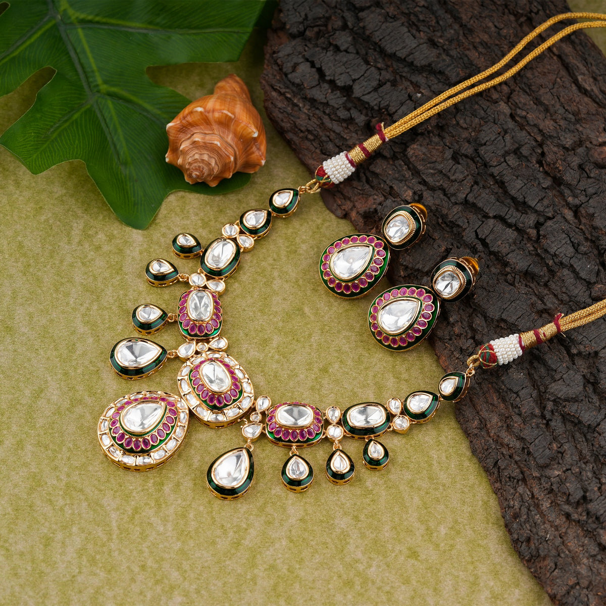 Zaveri Pearls Green Pink Kundan Set