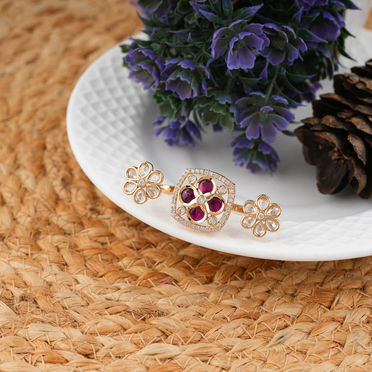 Ruby Floral Kundan Double Finger Ring