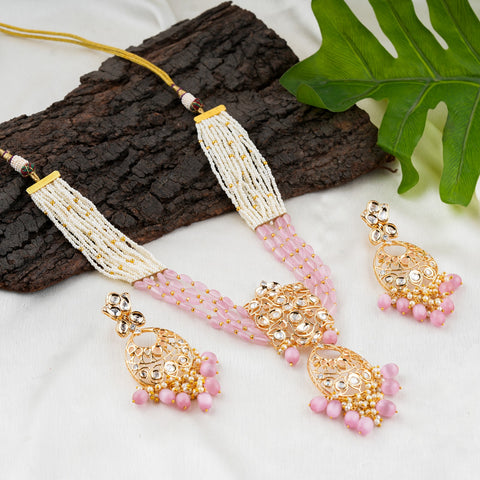 Elegant Pearl & Pink Bead Bridal Necklace Set with Matching Earrings