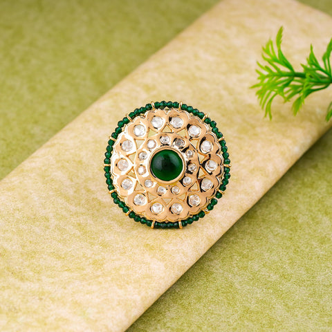 Green Bead Bordered Kundan Finger Ring
