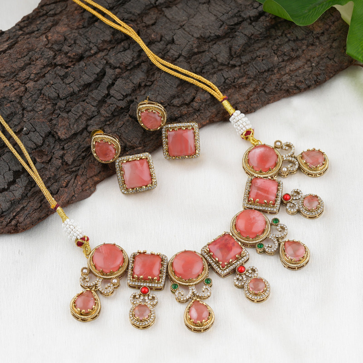 Elegant Pink Stone Gold-Tone Necklace Set with Matching Earrings
