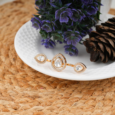 Elegant Teardrop Kundan Double Finger Ring