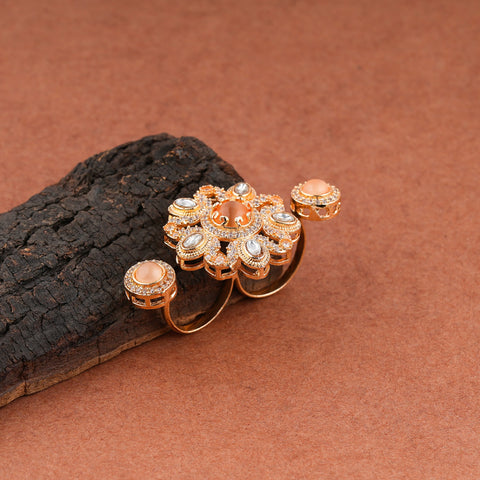 Peach Stone Floral Kundan Double Ring