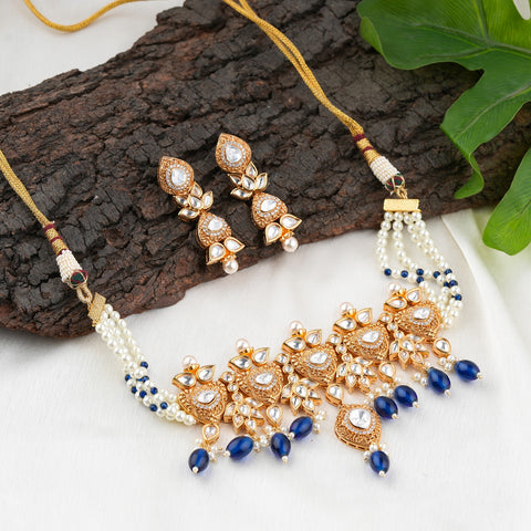 Blue Bead Pearl Kundan Necklace Set