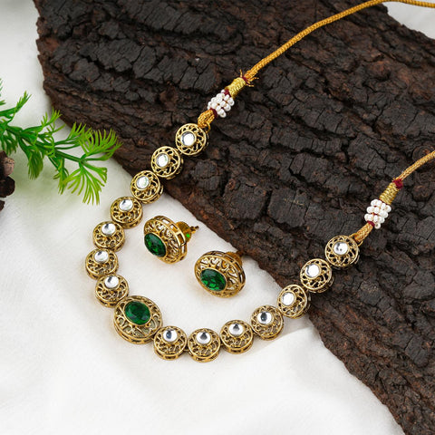 Emerald  Stone Round Kundan Necklace Set