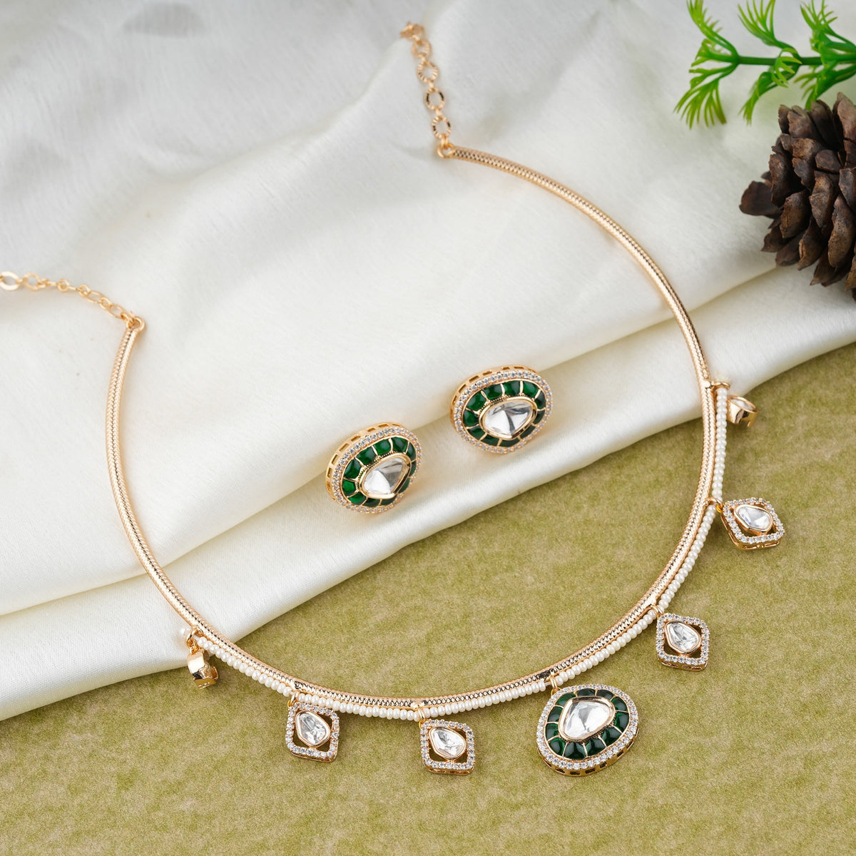Elegant Green Kundan Pearl Necklace Set with Matching Earrings
