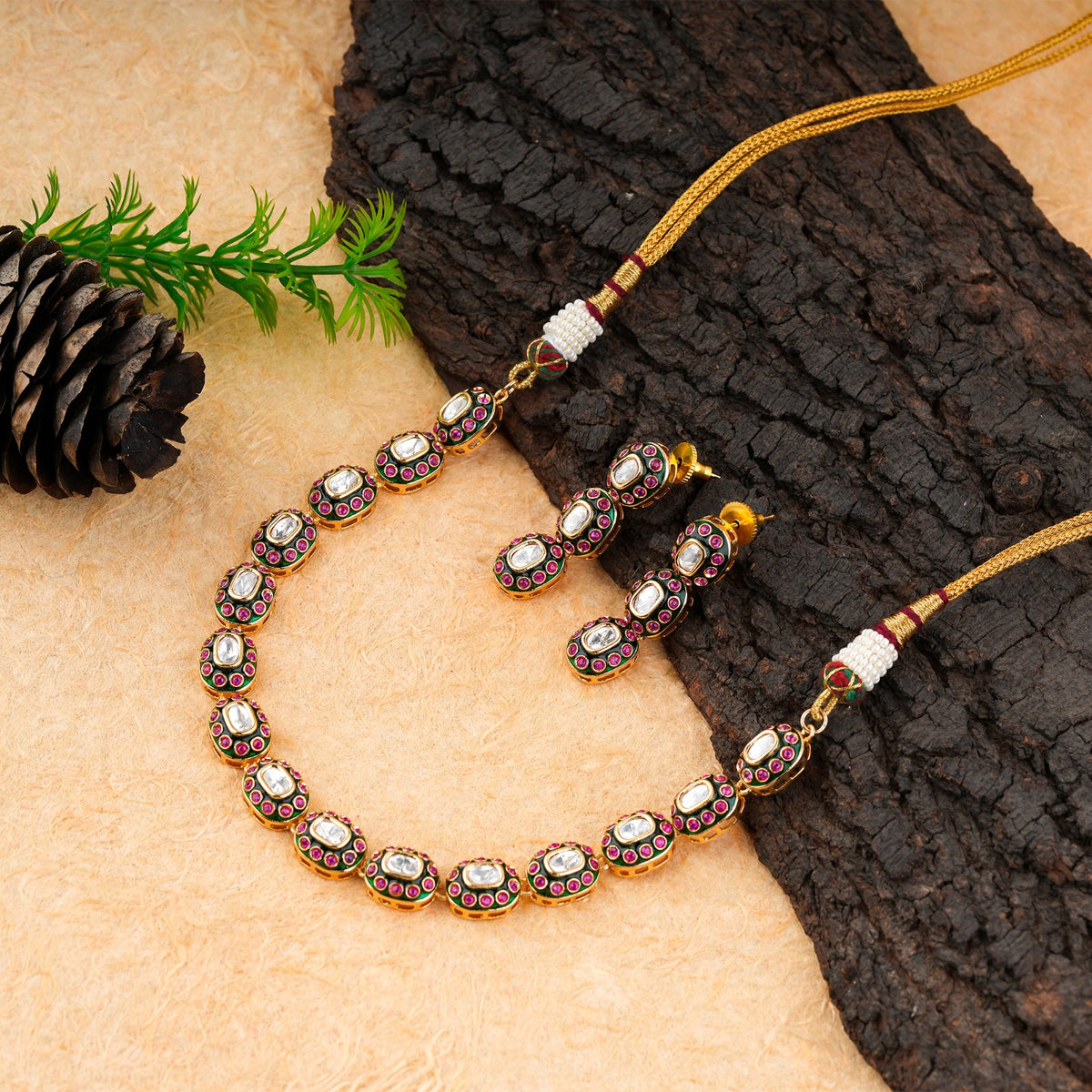 Royal Oval Enamel Kundan Necklace with Matching Earrings