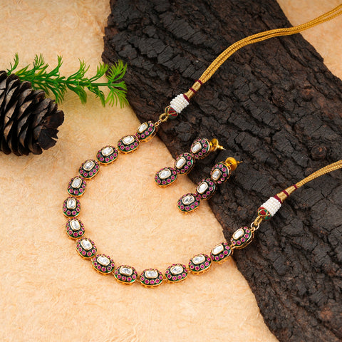Royal Oval Enamel Kundan Necklace with Matching Earrings