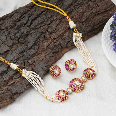 Royal Pink Kundan Pearl Necklace Set with Matching Earrings