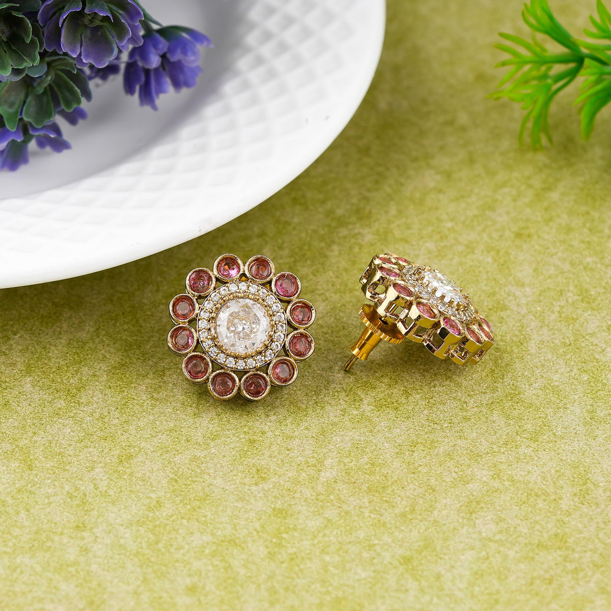 Royal Pink CZ Studded Floral Earrings