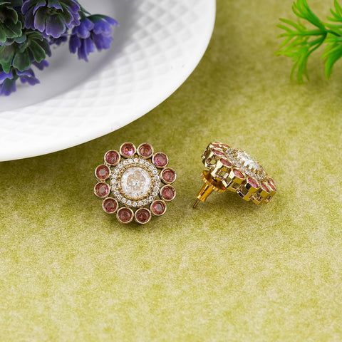 Royal Pink CZ Studded Floral Earrings