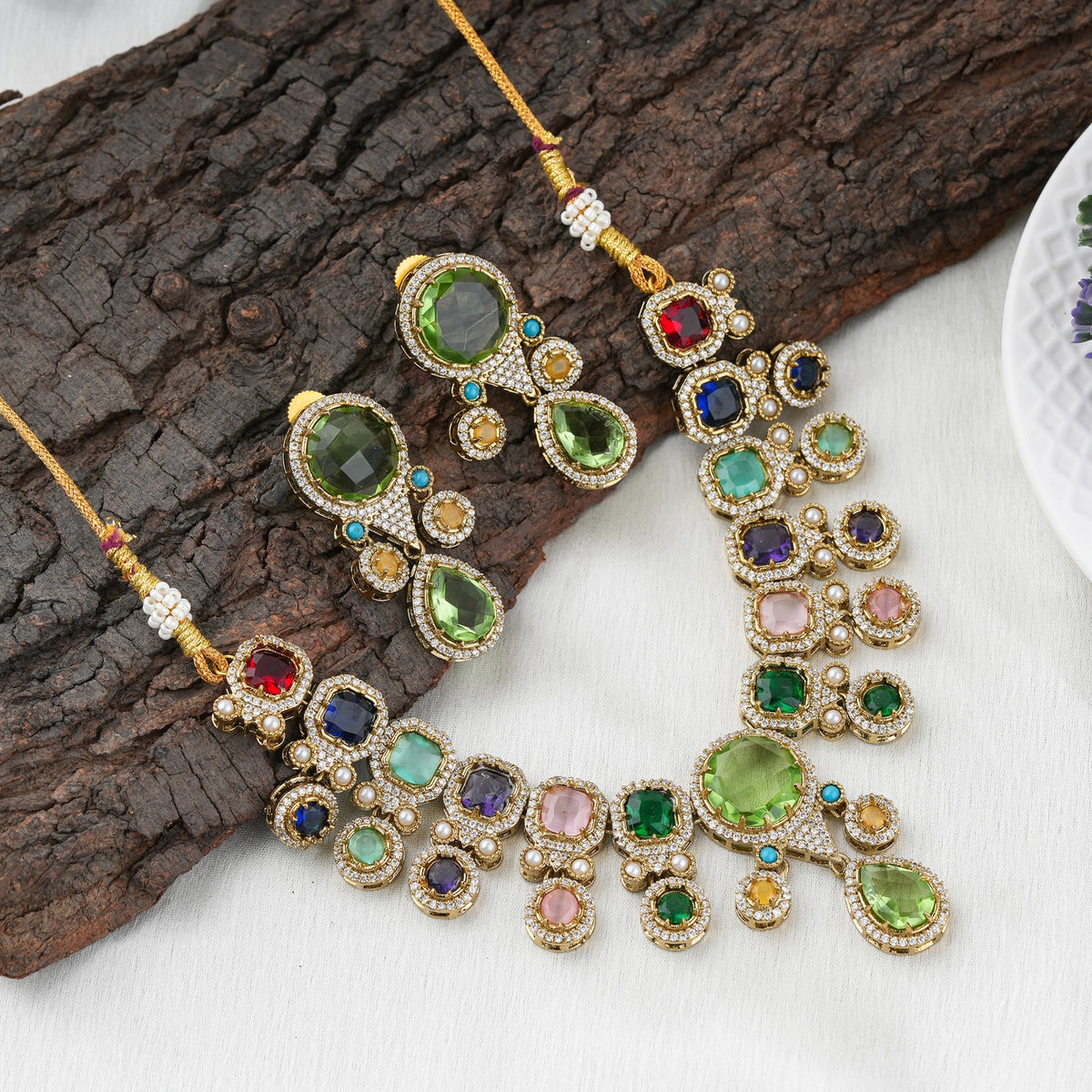 Multicolor Kundan Gemstone Necklace Set with Matching Earrings