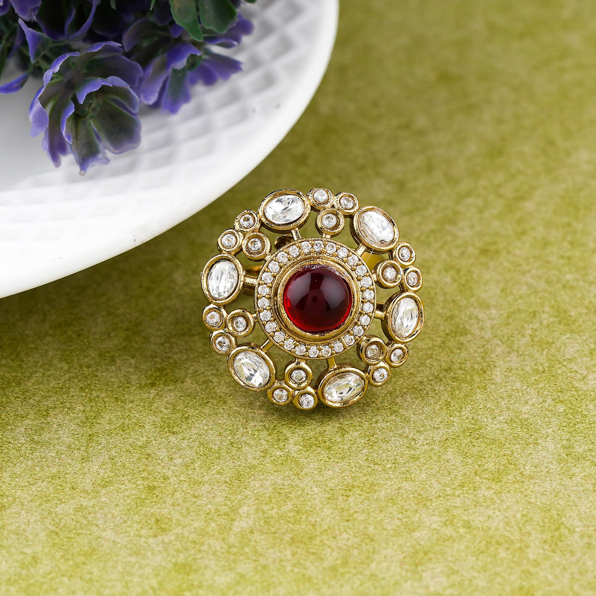 Ruby Center Kundan Gold Plated Ring