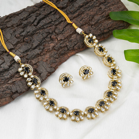 Elegant Black Kundan & Pearl Gold-Tone Necklace Set with Matching Earrings