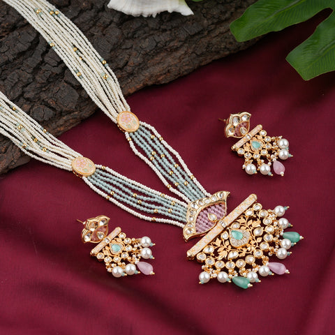 Pastel Enamel Kundan Long Necklace Set