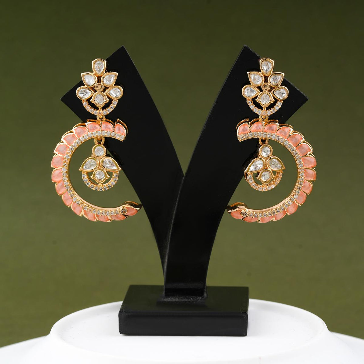 Peach Stone Crescent Kundan Drop Earrings