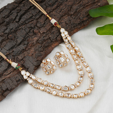 Elegant White Kundan Double-Layer Necklace Set with Matching Earrings