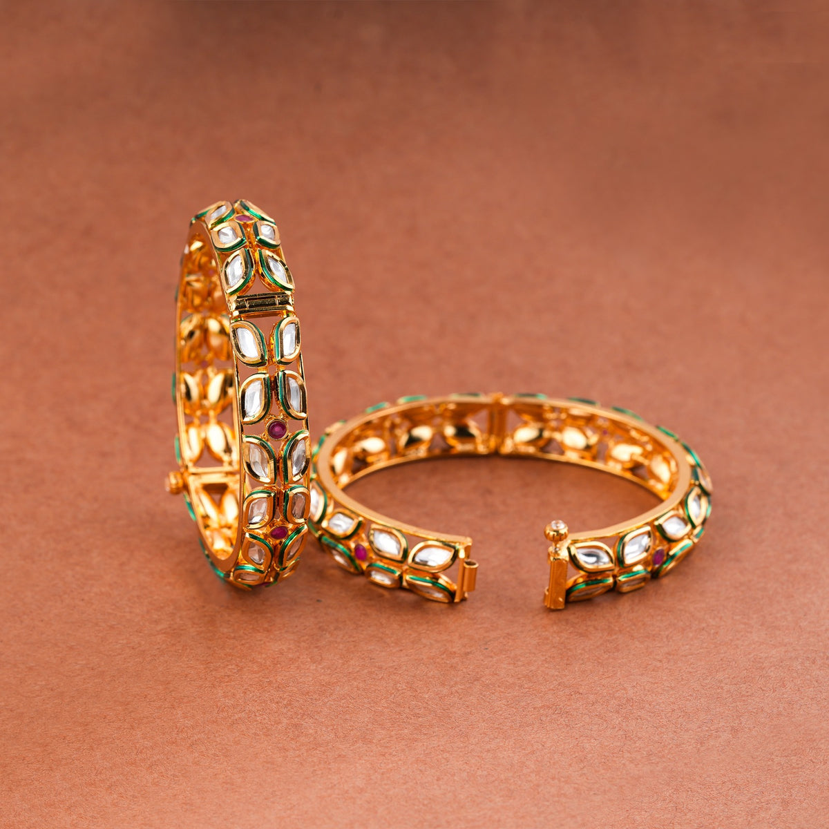 Traditional Green Meenakari Kundan Bangle Pair