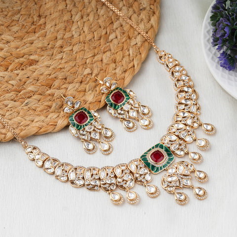 Royal Green & Red Kundan Necklace Set with Matching Earrings