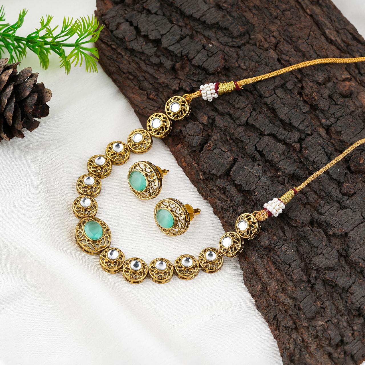 Emerald  Stone Round Kundan Necklace Set