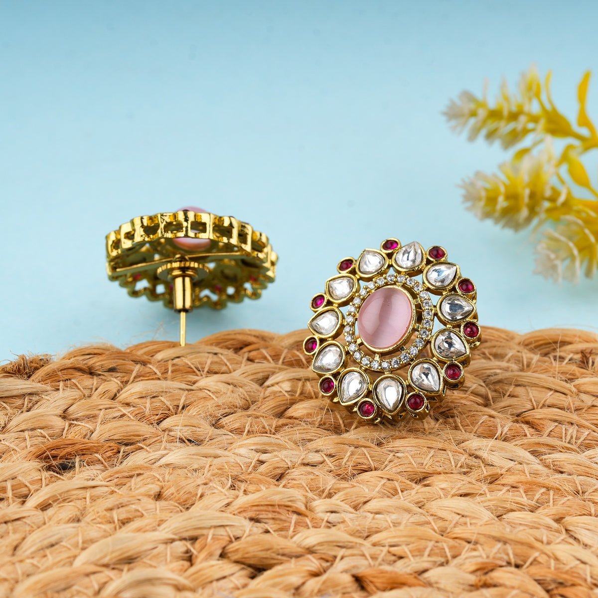 Gold-Plated Pink Stone Kundan Stud Earrings