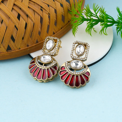 Antique Gold Red Enamel Drop Earrings