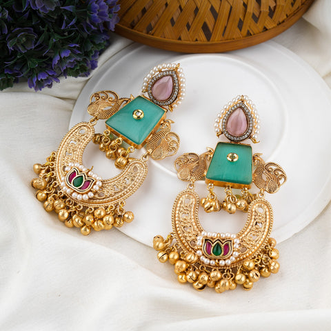 Traditional Gold Chandbali Earrings with Stones