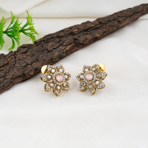 Gold Antique Floral Kundan Stud Earrings