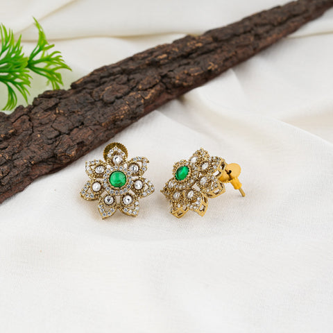 Antique Gold Floral Emerald Stud Earrings
