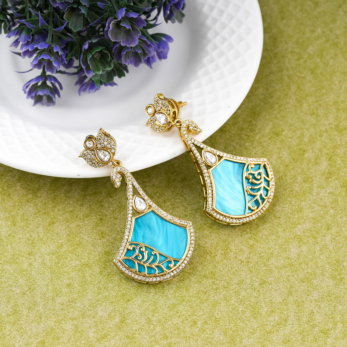 Turquoise Enamel Gold Statement Drop Earrings
