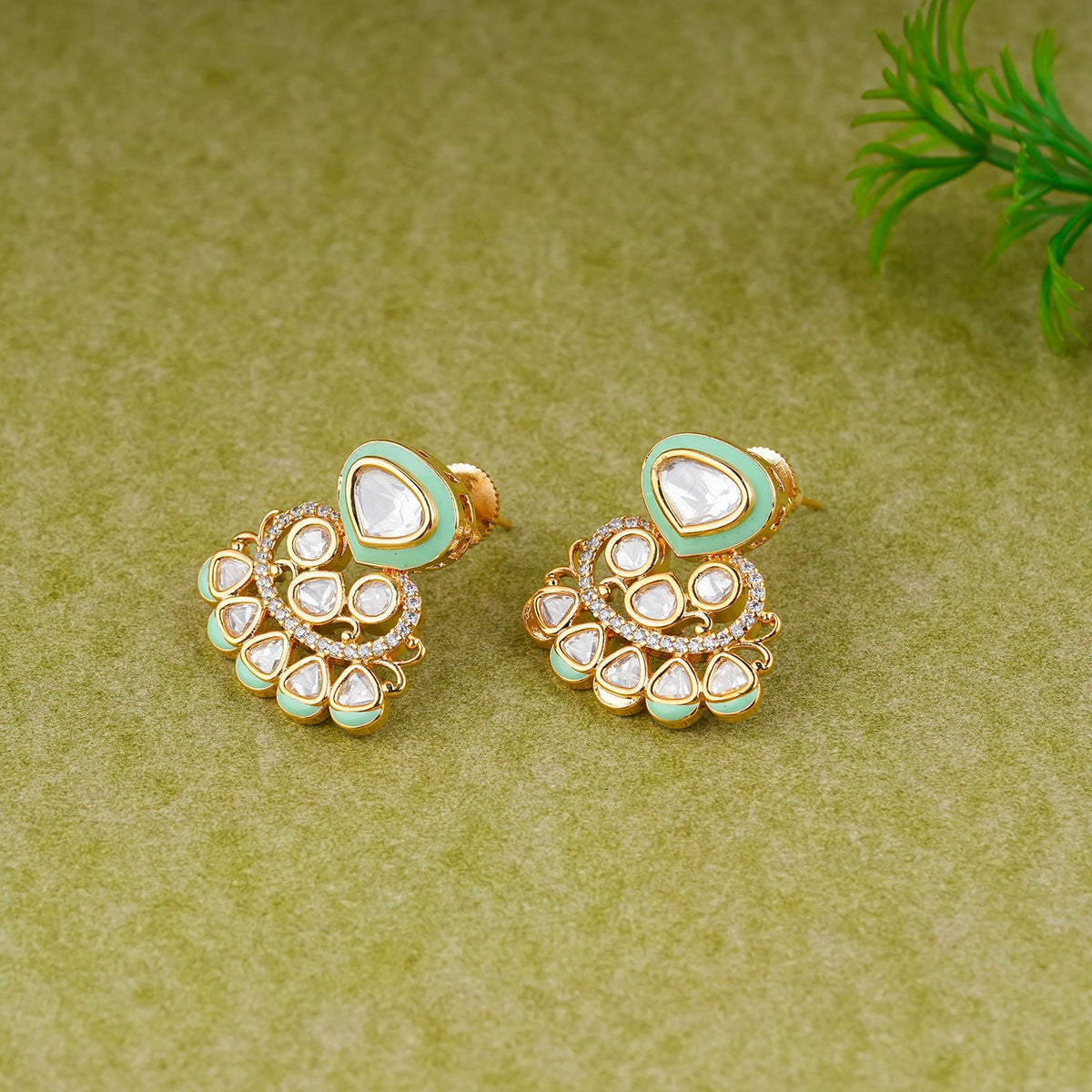 Elegant Mint Green Meenakari Stud Earrings