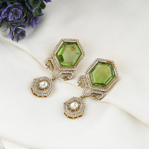 Hexagonal Green Crystal Kundan Drop Earrings