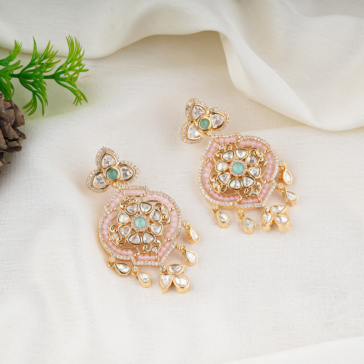 Kundan Pink Bead Statement Drop Earrings