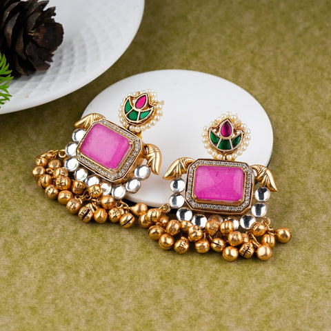 Pink Stone Kundan Ghungroo Earrings