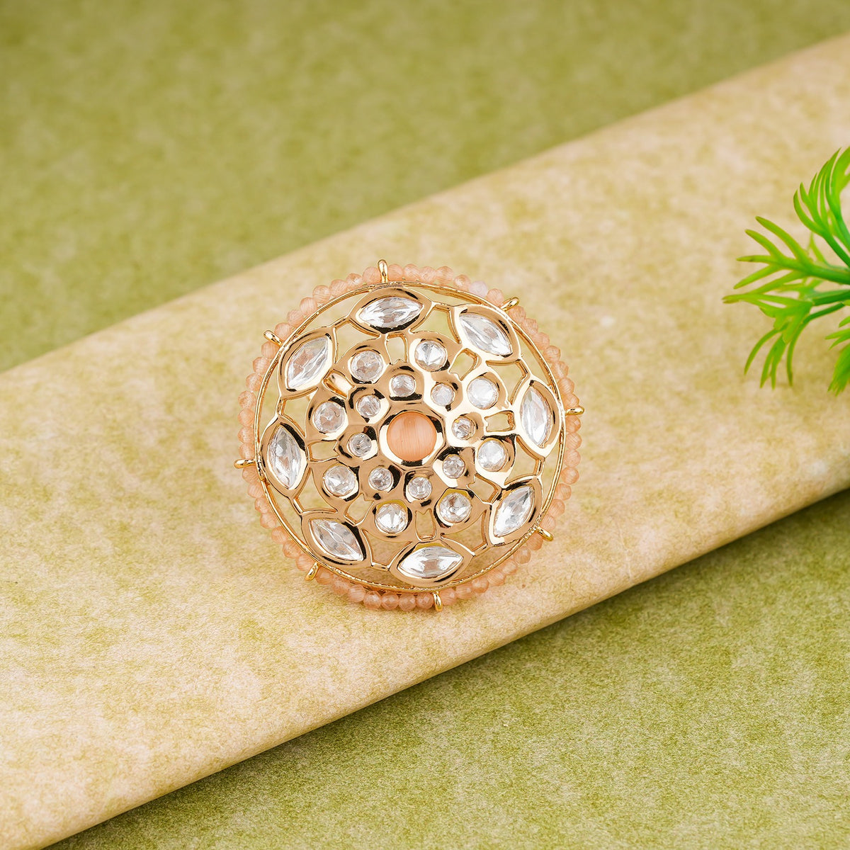 Royal Peach Stone Circular Kundan Ring