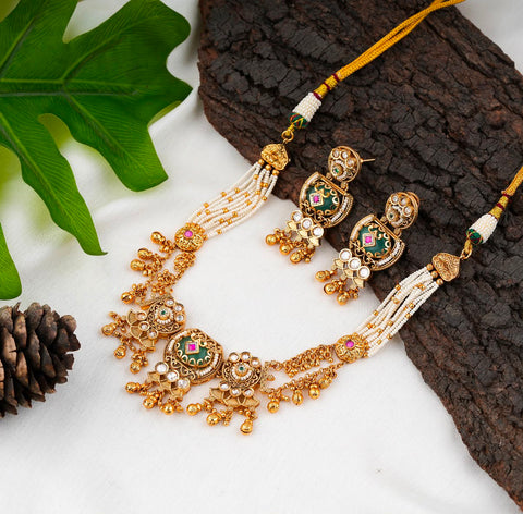 Traditional Green Meenakari Pearl Strand Necklace