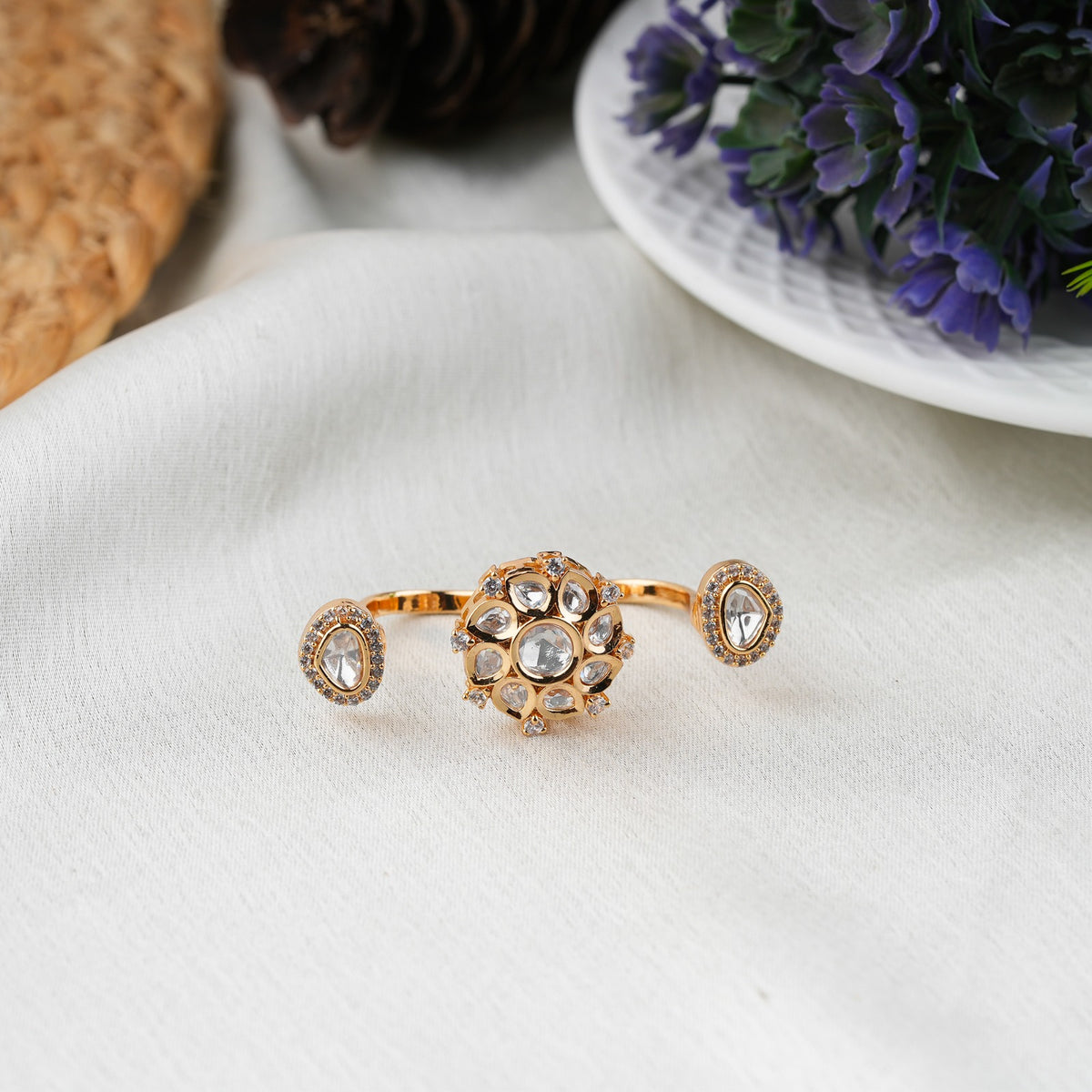 Elegant Floral Kundan Double Finger Ring