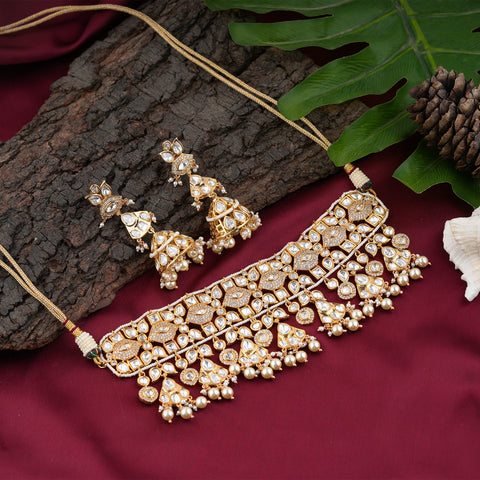 Traditional Bridal Kundan Choker Necklace and Matching Jhumka Earrings