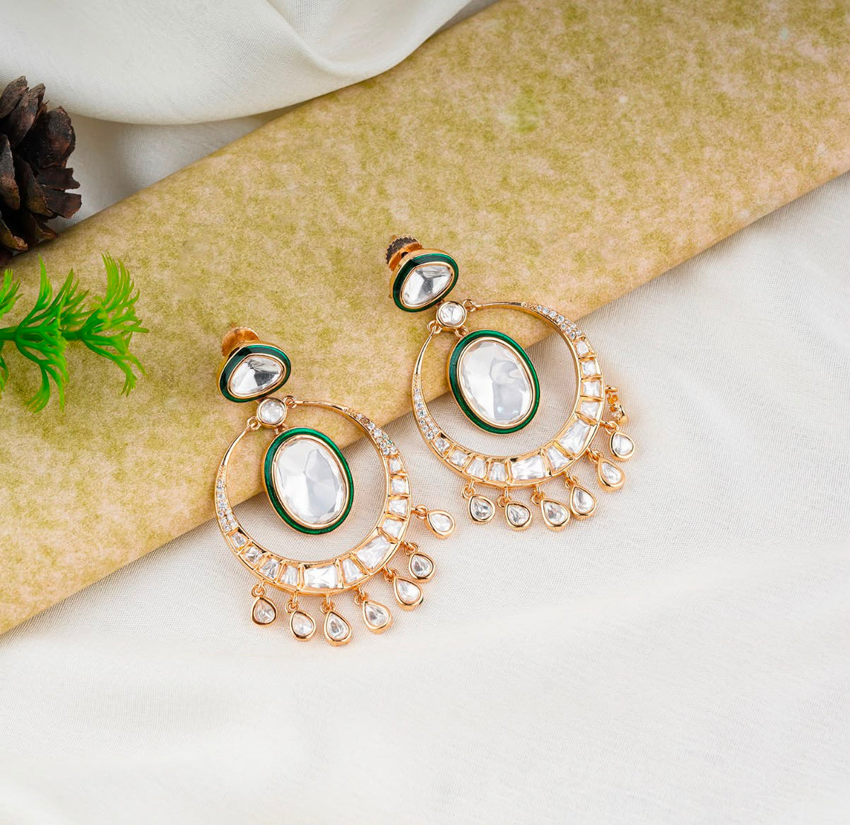 Royal Green Bordered Kundan Drop Earrings