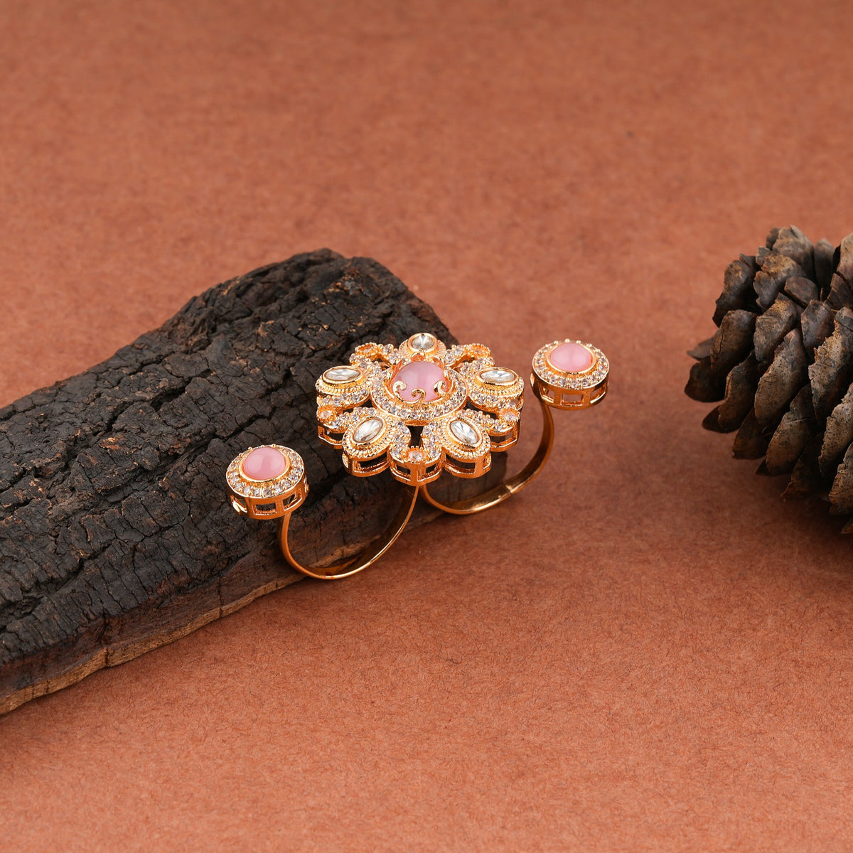 Pink Stone Floral Kundan Double Ring